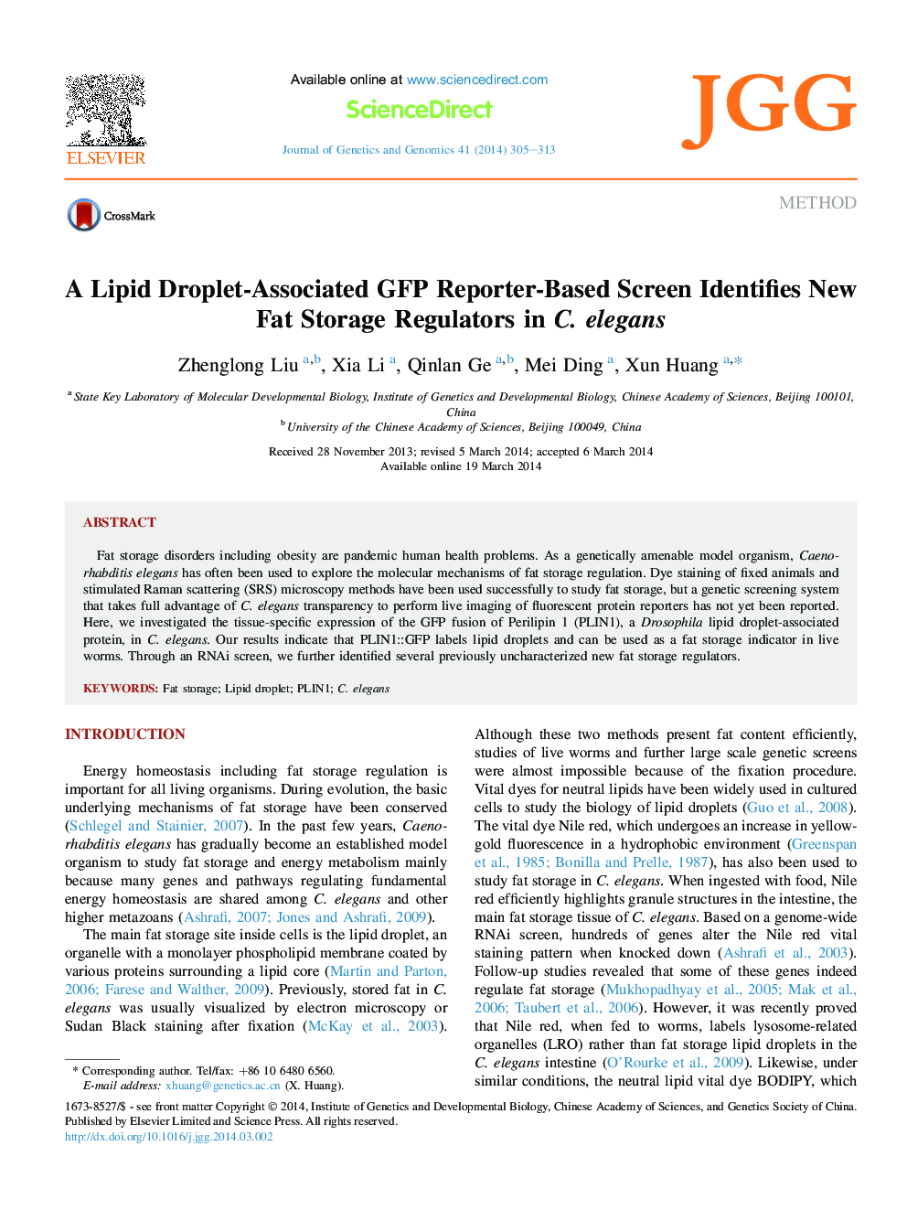 MethodA Lipid Droplet-Associated GFP Reporter-Based Screen Identifies New Fat Storage Regulators in C. elegans