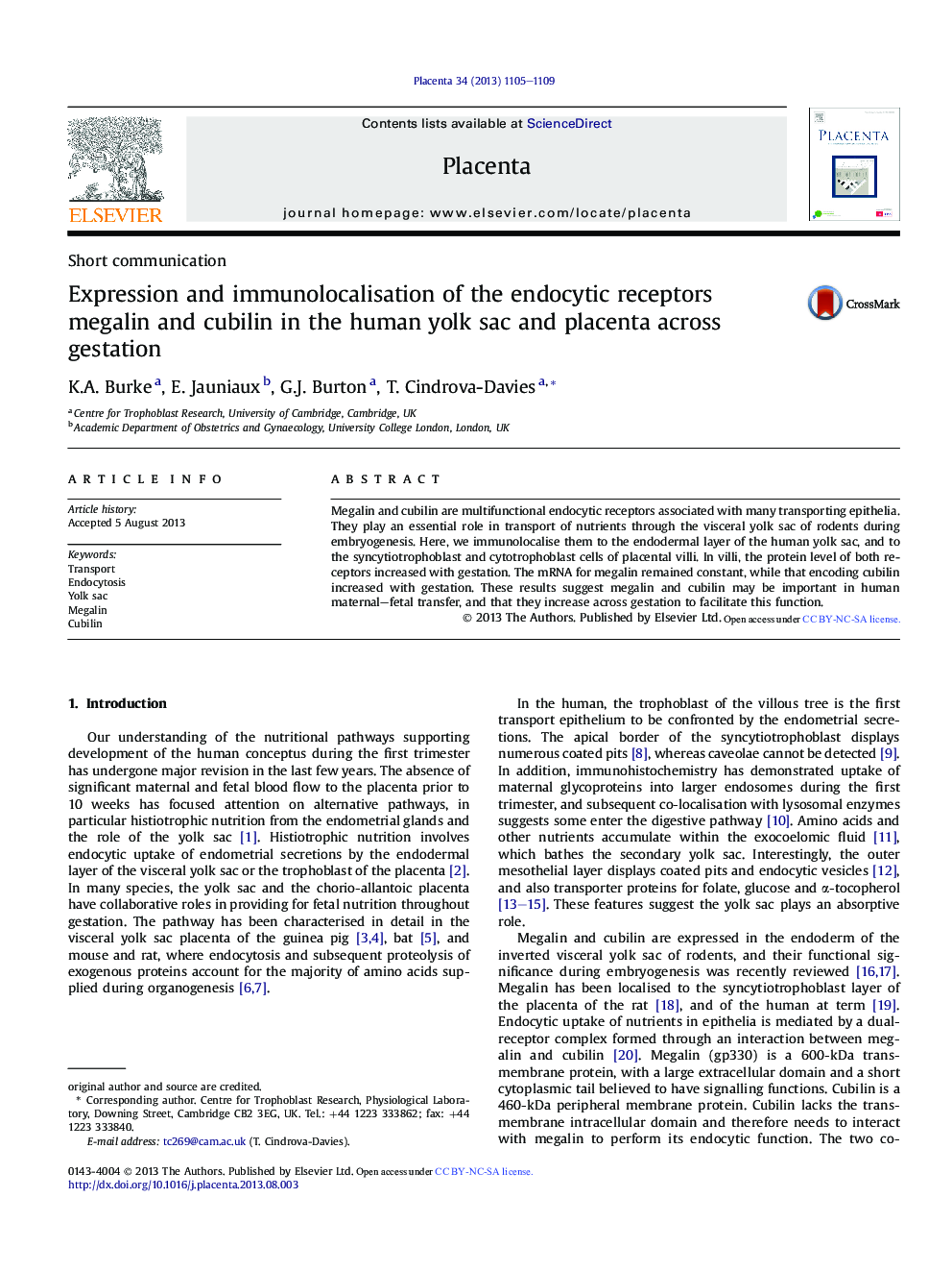Expression and immunolocalisation of the endocytic receptors megalin and cubilin in the human yolk sac and placenta across gestation