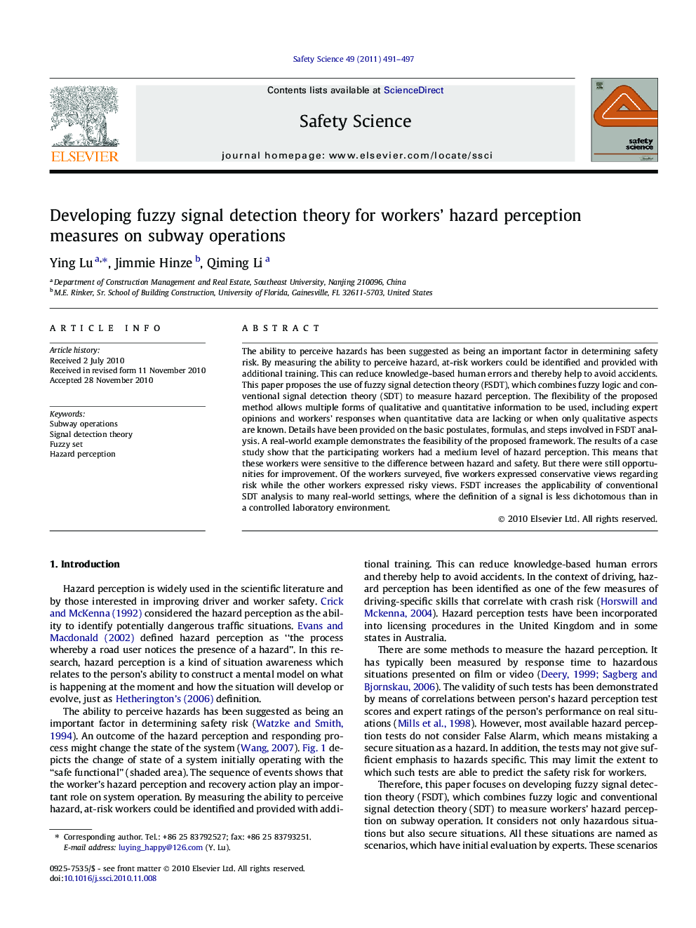 Developing fuzzy signal detection theory for workers’ hazard perception measures on subway operations