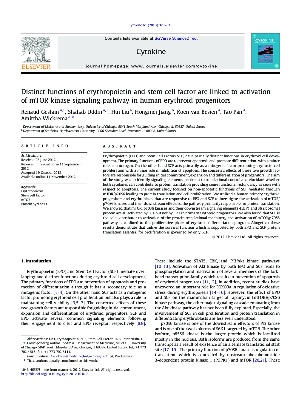 Distinct functions of erythropoietin and stem cell factor are linked to activation of mTOR kinase signaling pathway in human erythroid progenitors