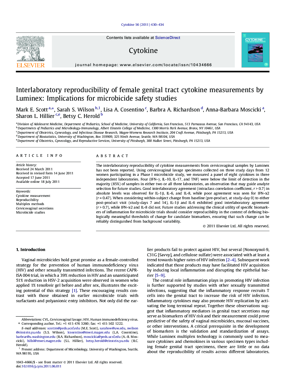 Interlaboratory reproducibility of female genital tract cytokine measurements by Luminex: Implications for microbicide safety studies