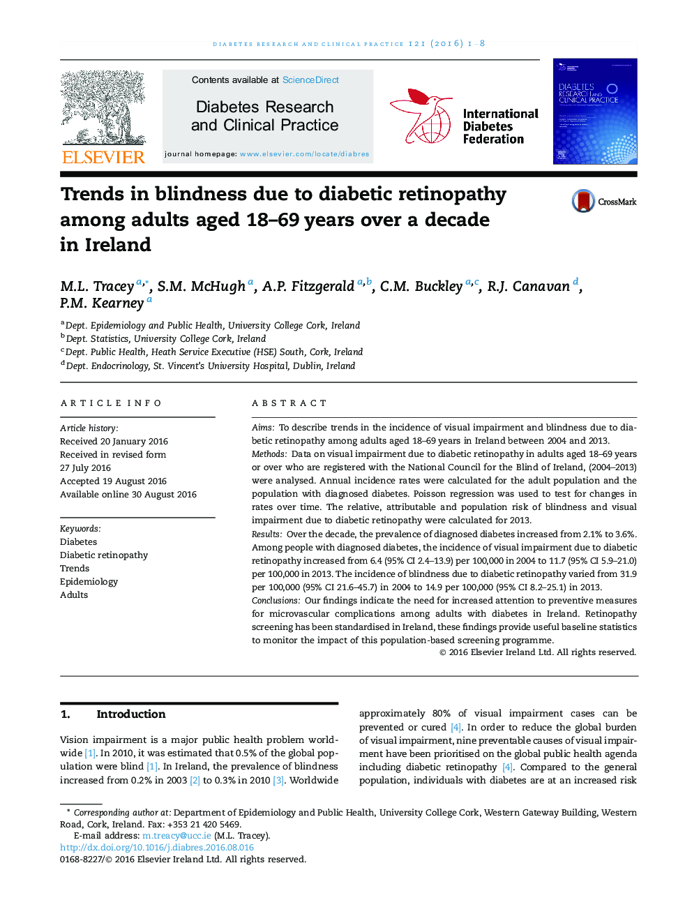 روند نابینایی به علت رتینوپاتی دیابتی در بین بزرگسالان سنین 18-69 ساله، یک سال بیش از یک دهه در ایرلند 