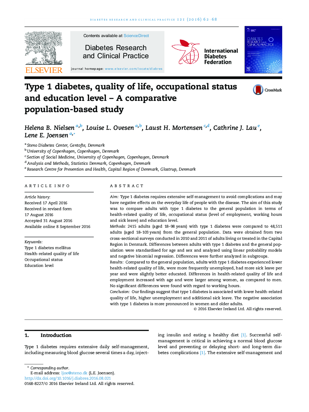 دیابت نوع 1، کیفیت زندگی، وضعیت شغلی و سطح تحصیلات - یک مطالعه مقایسه ای مبتنی بر جمعیت 