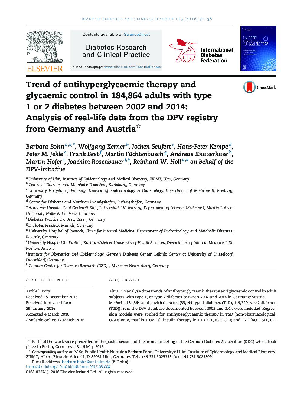 Trend of antihyperglycaemic therapy and glycaemic control in 184,864 adults with type 1 or 2 diabetes between 2002 and 2014: Analysis of real-life data from the DPV registry from Germany and Austria