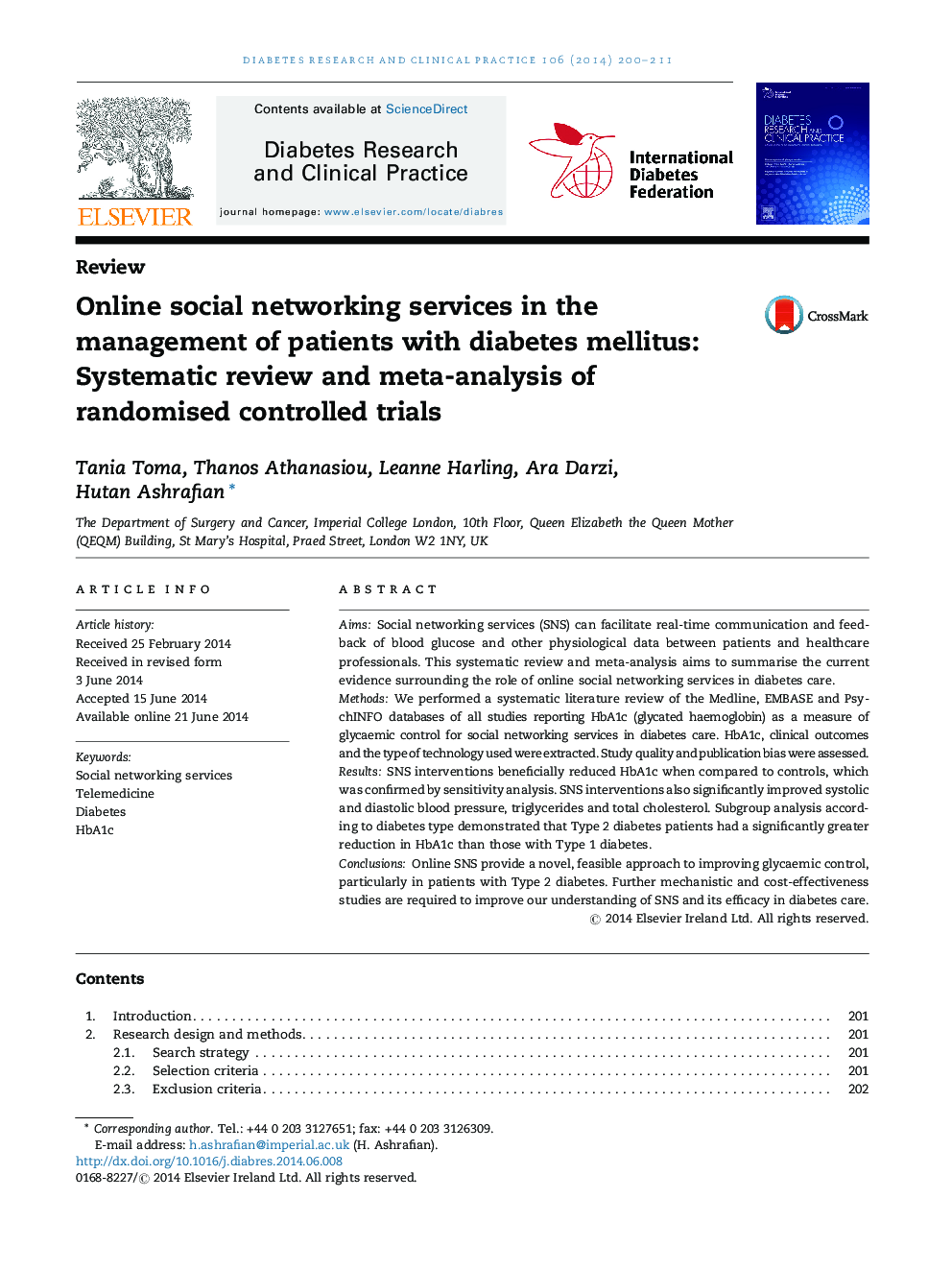 خدمات آنلاین شبکه های اجتماعی در مدیریت بیماران مبتلا به دیابت: بررسی سیستماتیک و متا آنالیز آزمایشات تصادفی کنترل شده 