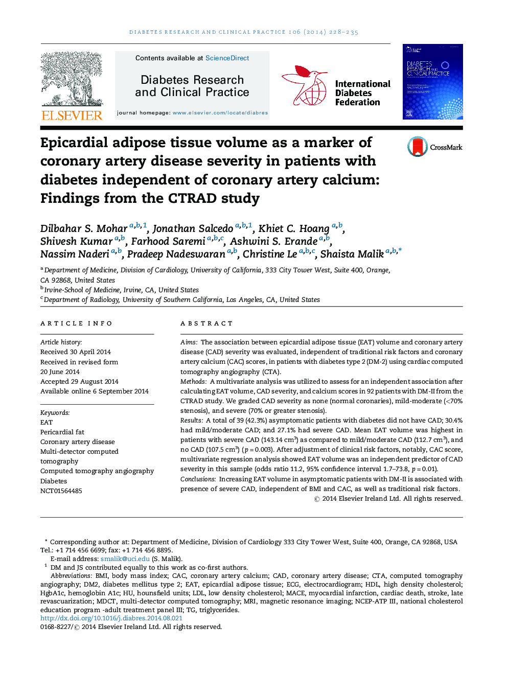Epicardial adipose tissue volume as a marker of coronary artery disease severity in patients with diabetes independent of coronary artery calcium: Findings from the CTRAD study