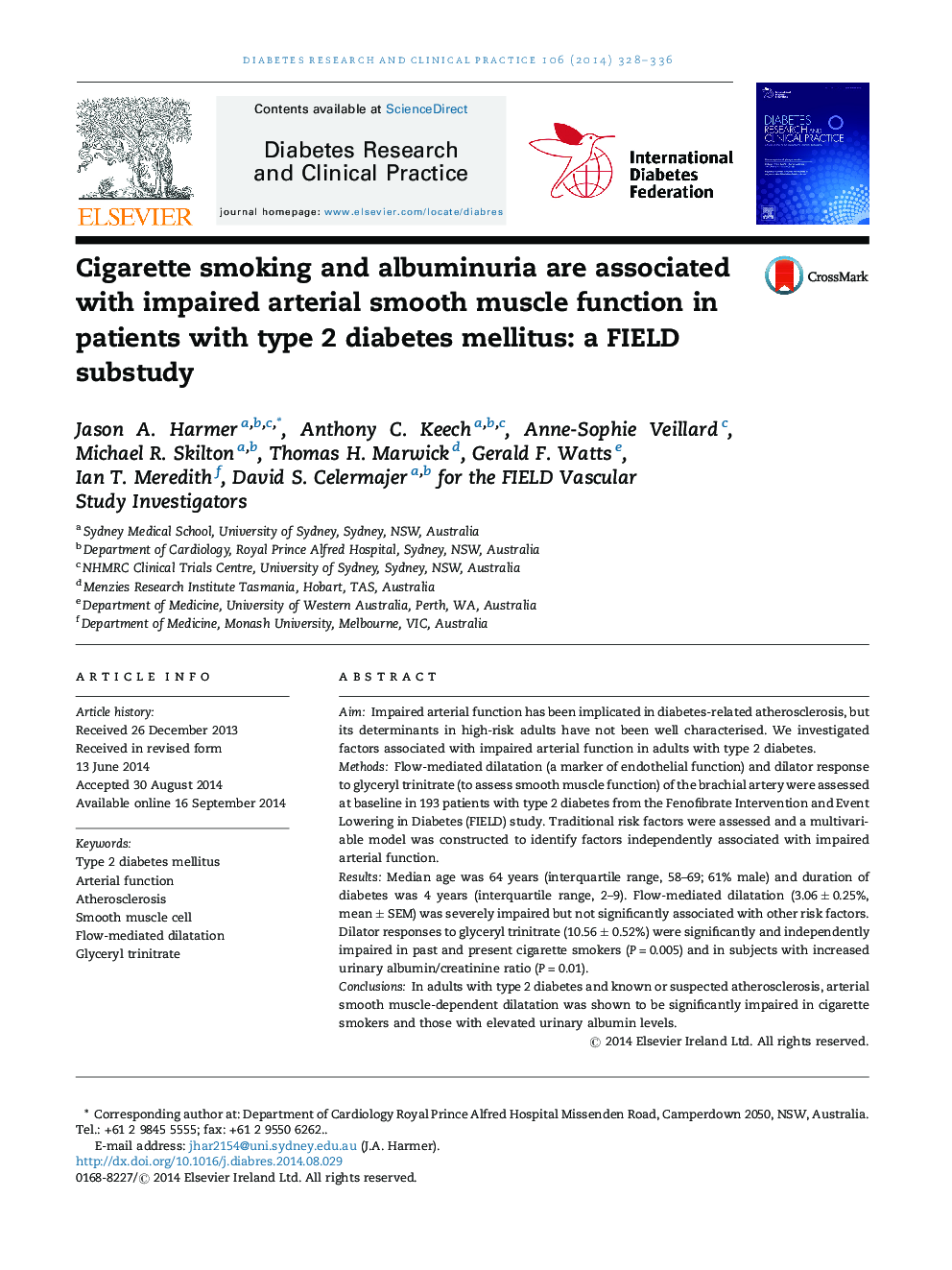 Cigarette smoking and albuminuria are associated with impaired arterial smooth muscle function in patients with type 2 diabetes mellitus: a FIELD substudy