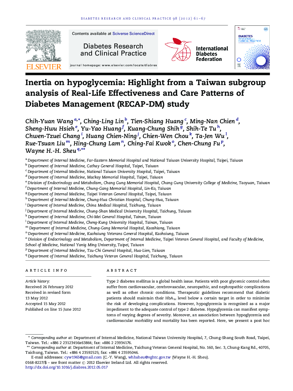 Inertia on hypoglycemia: Highlight from a Taiwan subgroup analysis of Real-Life Effectiveness and Care Patterns of Diabetes Management (RECAP-DM) study