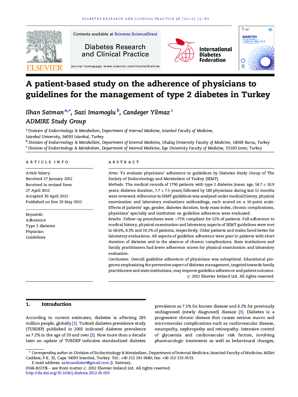 A patient-based study on the adherence of physicians to guidelines for the management of type 2 diabetes in Turkey
