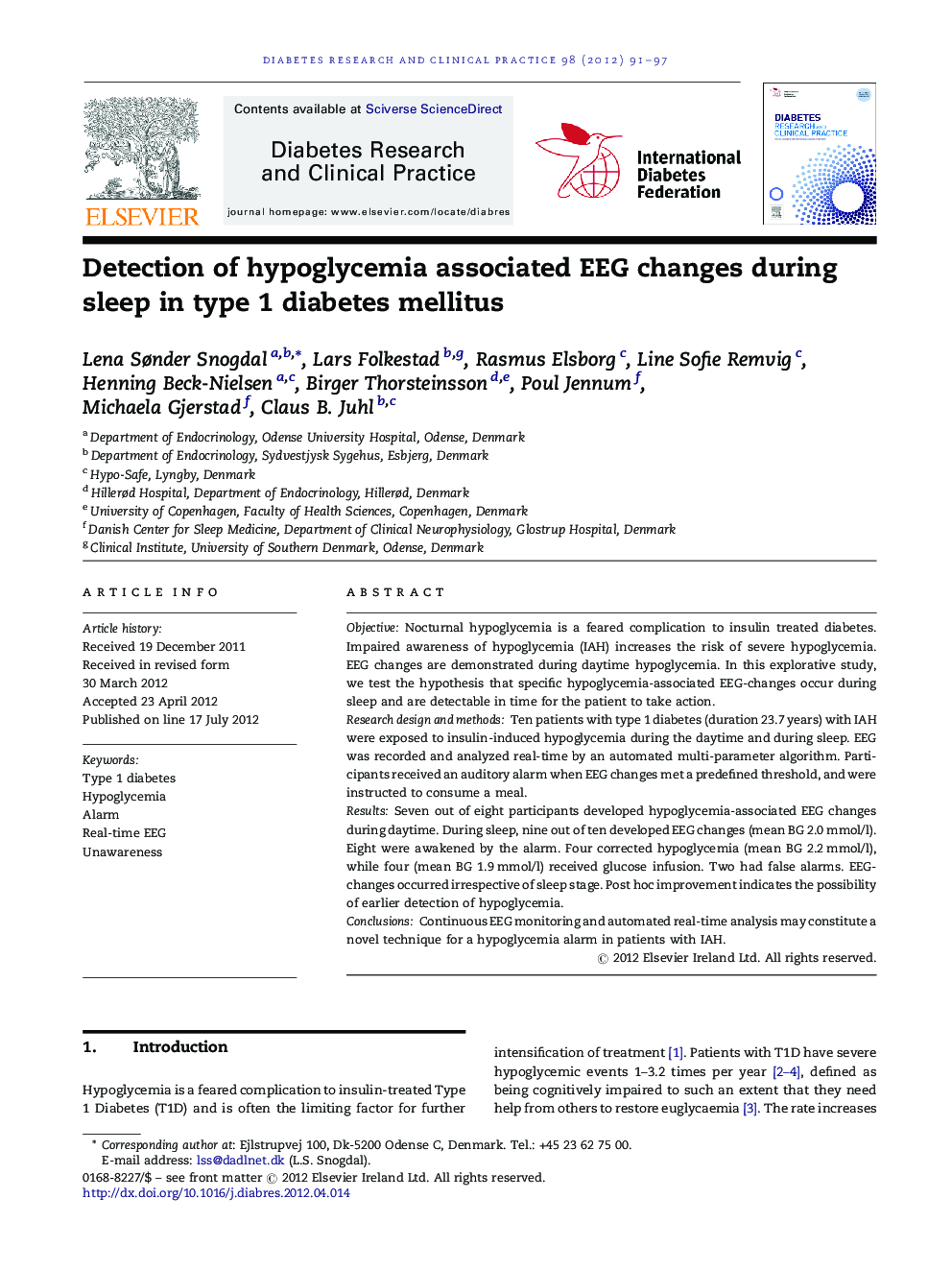 Detection of hypoglycemia associated EEG changes during sleep in type 1 diabetes mellitus