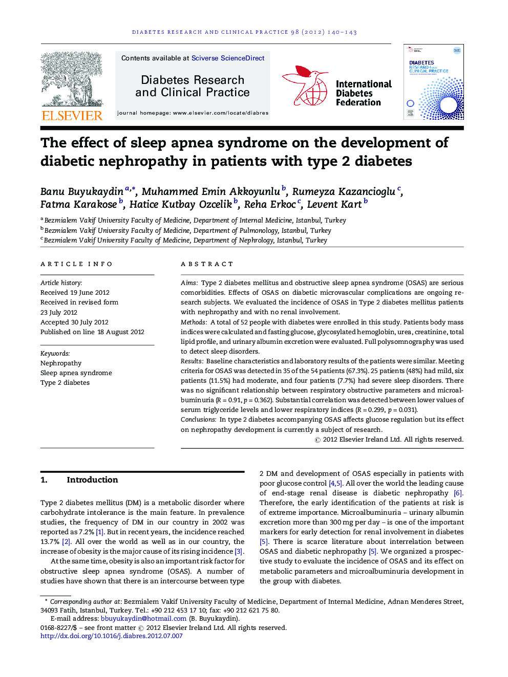 The effect of sleep apnea syndrome on the development of diabetic nephropathy in patients with type 2 diabetes