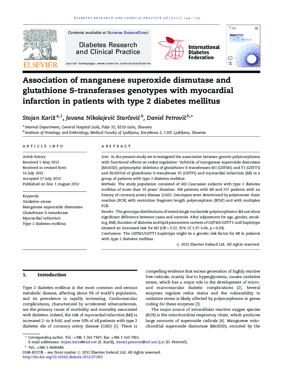 Association of manganese superoxide dismutase and glutathione S-transferases genotypes with myocardial infarction in patients with type 2 diabetes mellitus