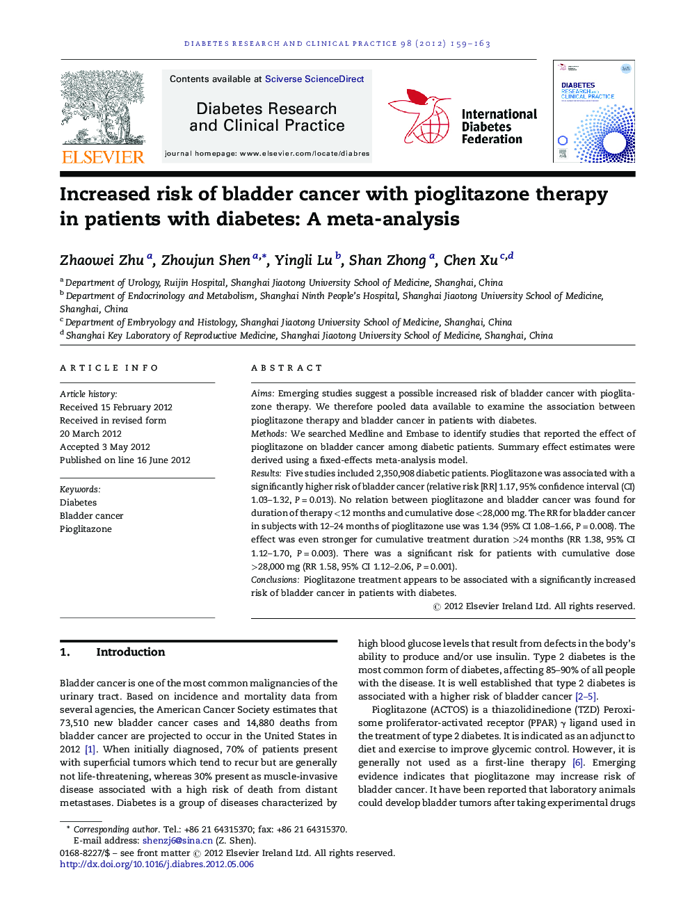 Increased risk of bladder cancer with pioglitazone therapy in patients with diabetes: A meta-analysis