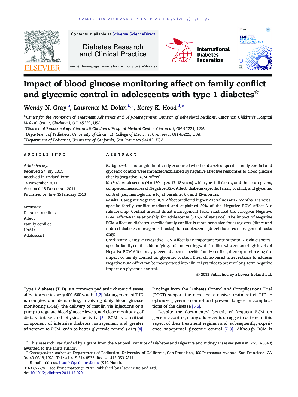 Impact of blood glucose monitoring affect on family conflict and glycemic control in adolescents with type 1 diabetes