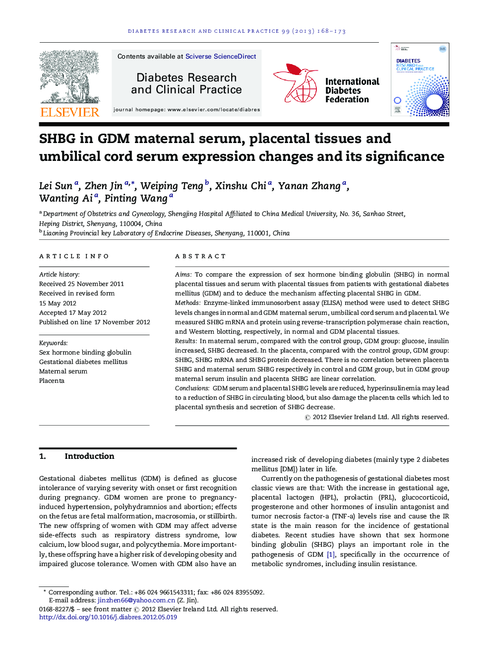 SHBG in GDM maternal serum, placental tissues and umbilical cord serum expression changes and its significance