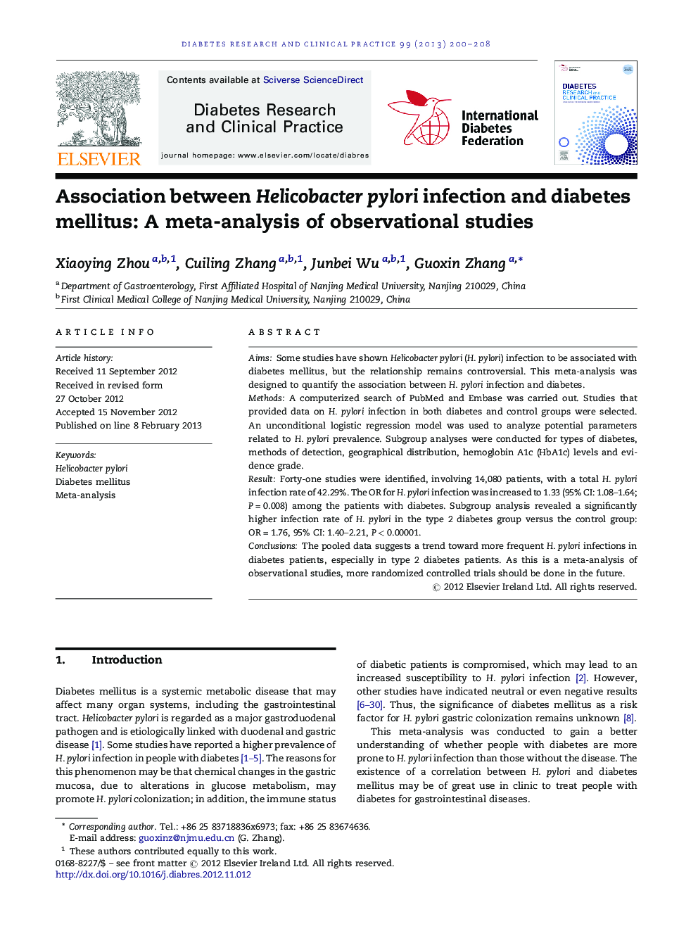 ارتباط بین عفونت هلیکوباکتر پیلوری و دیابت: یک متاآنالیز مطالعات مشاهده شده 