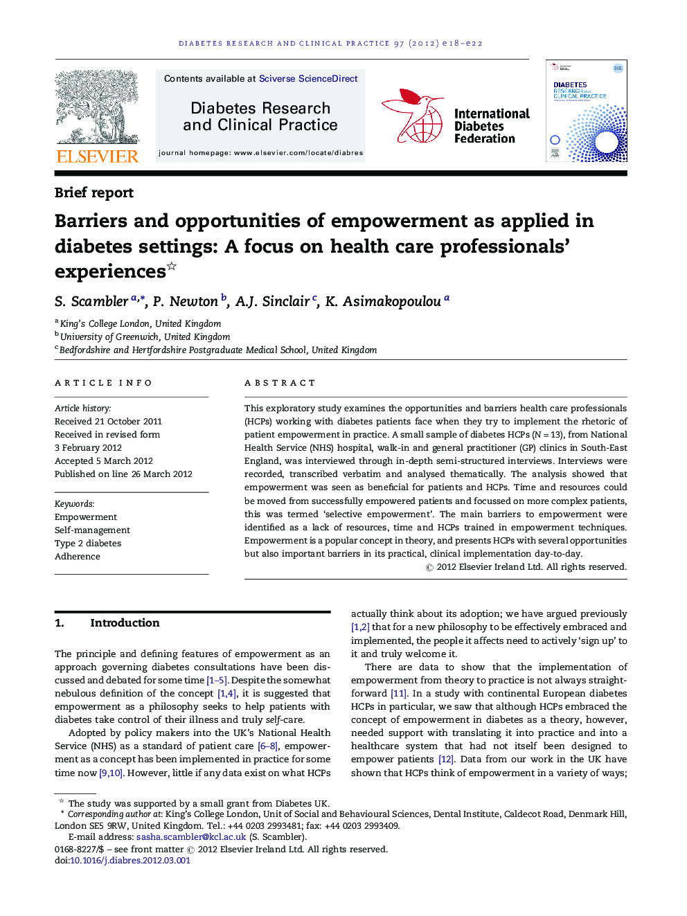 Barriers and opportunities of empowerment as applied in diabetes settings: A focus on health care professionals' experiences