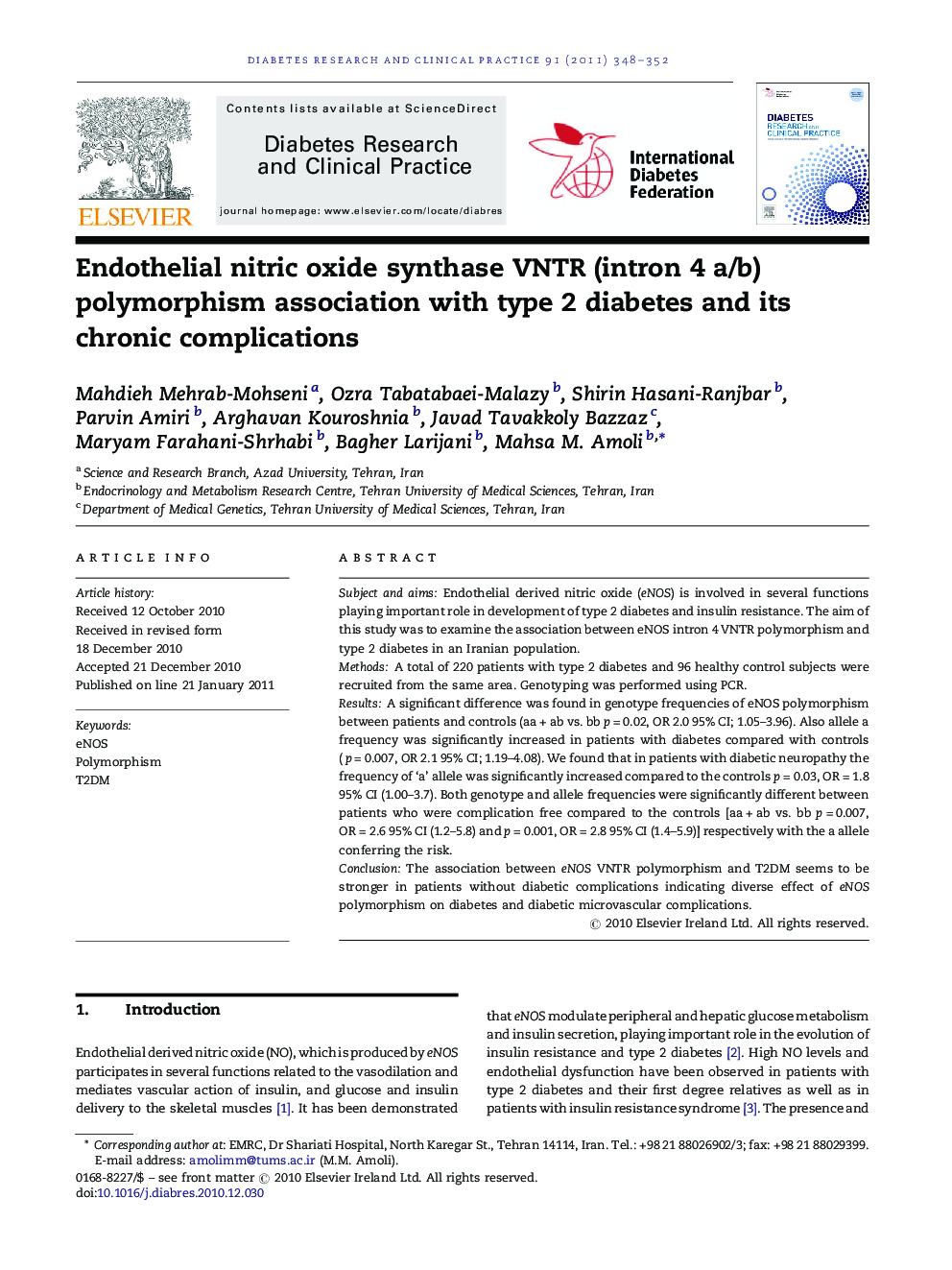 Endothelial nitric oxide synthase VNTR (intron 4 a/b) polymorphism association with type 2 diabetes and its chronic complications