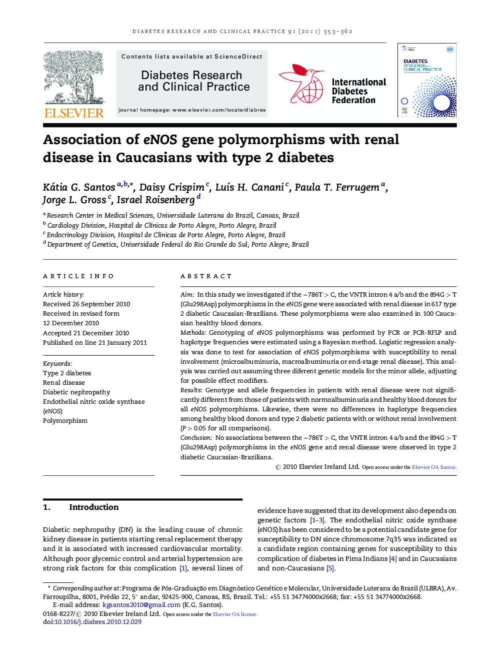 Association of eNOS gene polymorphisms with renal disease in Caucasians with type 2 diabetes