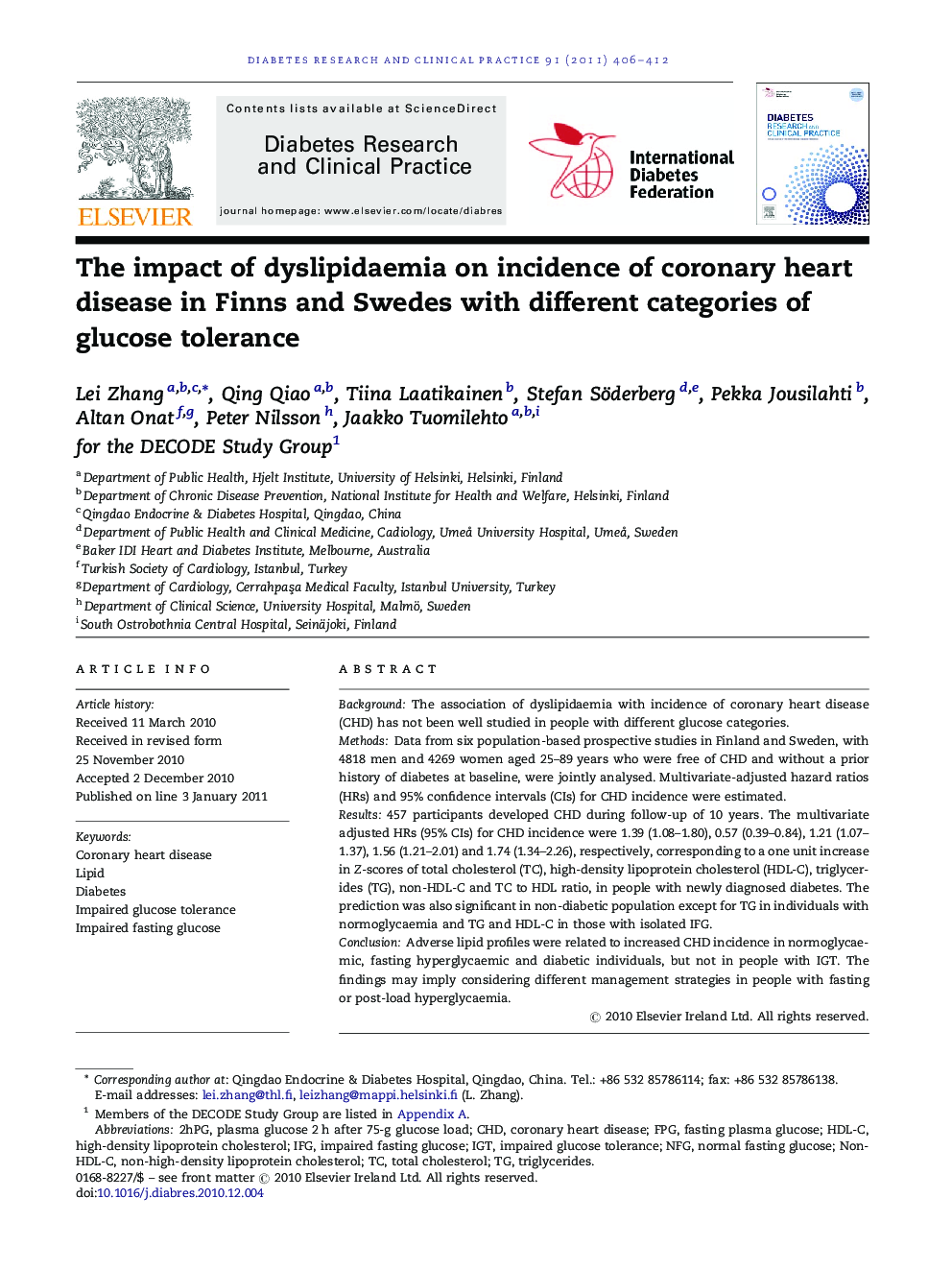 The impact of dyslipidaemia on incidence of coronary heart disease in Finns and Swedes with different categories of glucose tolerance