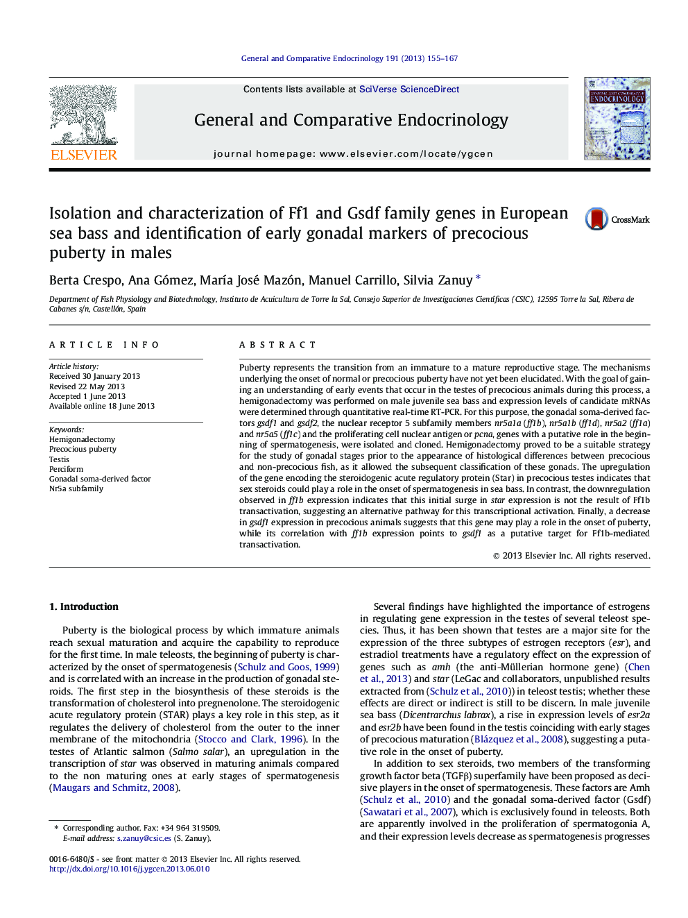 Isolation and characterization of Ff1 and Gsdf family genes in European sea bass and identification of early gonadal markers of precocious puberty in males
