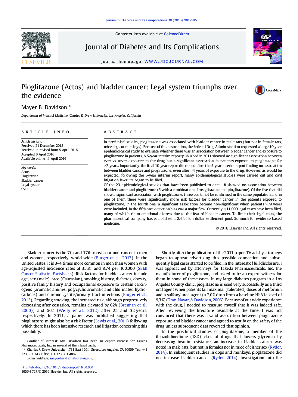 Pioglitazone (Actos) and bladder cancer: Legal system triumphs over the evidence