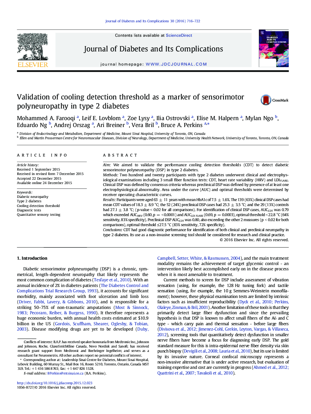 Validation of cooling detection threshold as a marker of sensorimotor polyneuropathy in type 2 diabetes