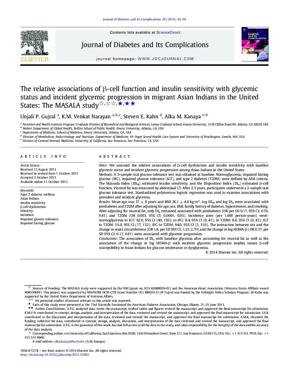 The relative associations of Î²-cell function and insulin sensitivity with glycemic status and incident glycemic progression in migrant Asian Indians in the United States: The MASALA studyâââ
