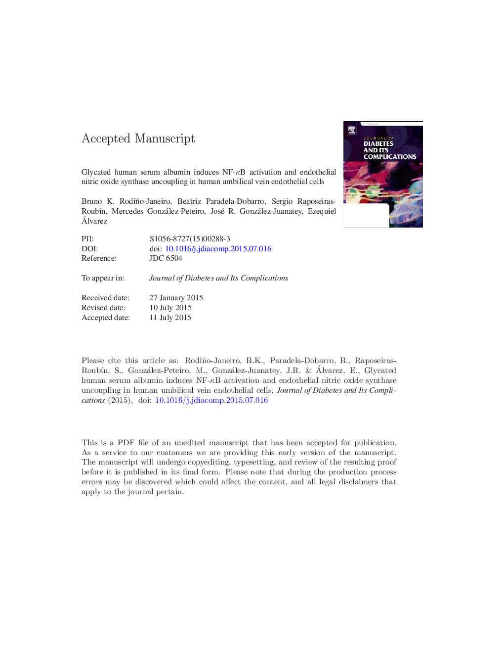 Glycated human serum albumin induces NF-ÎºB activation and endothelial nitric oxide synthase uncoupling in human umbilical vein endothelial cells