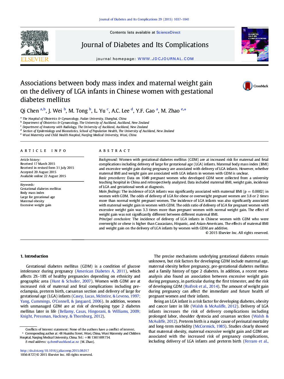 Associations between body mass index and maternal weight gain on the delivery of LGA infants in Chinese women with gestational diabetes mellitus