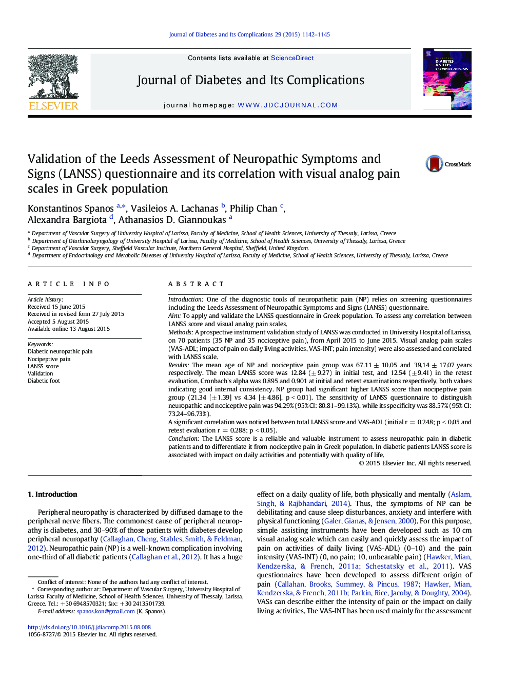 Validation of the Leeds Assessment of Neuropathic Symptoms and Signs (LANSS) questionnaire and its correlation with visual analog pain scales in Greek population