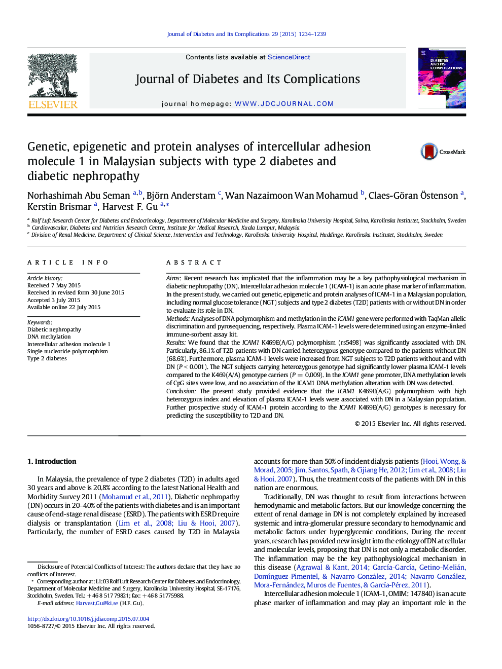 بررسی ژنتیکی، اپی ژنتیک و پروتئین مولکول چسبندگی بین سلولی 1 در افراد مالزیایی مبتلا به دیابت نوع 2 و نفروپاتی دیابتی 