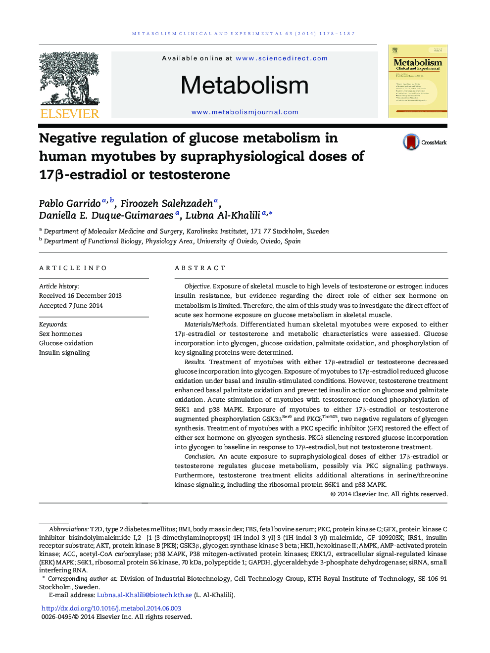 Basic ScienceNegative regulation of glucose metabolism in human myotubes by supraphysiological doses of 17Î²-estradiol or testosterone