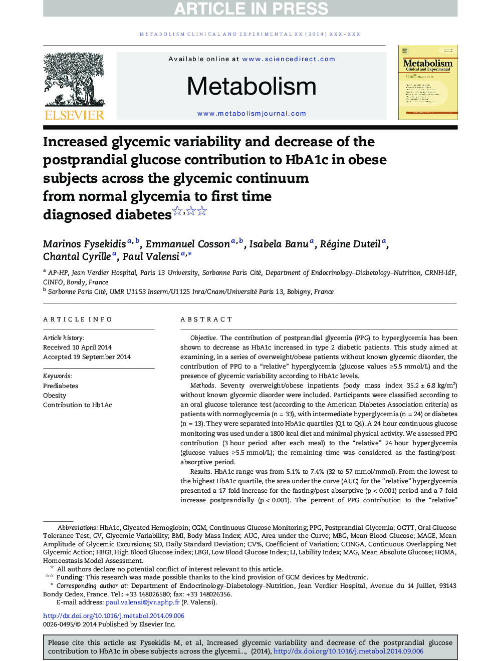 Increased glycemic variability and decrease of the postprandial glucose contribution to HbA1c in obese subjects across the glycemic continuum from normal glycemia to first time diagnosed diabetes