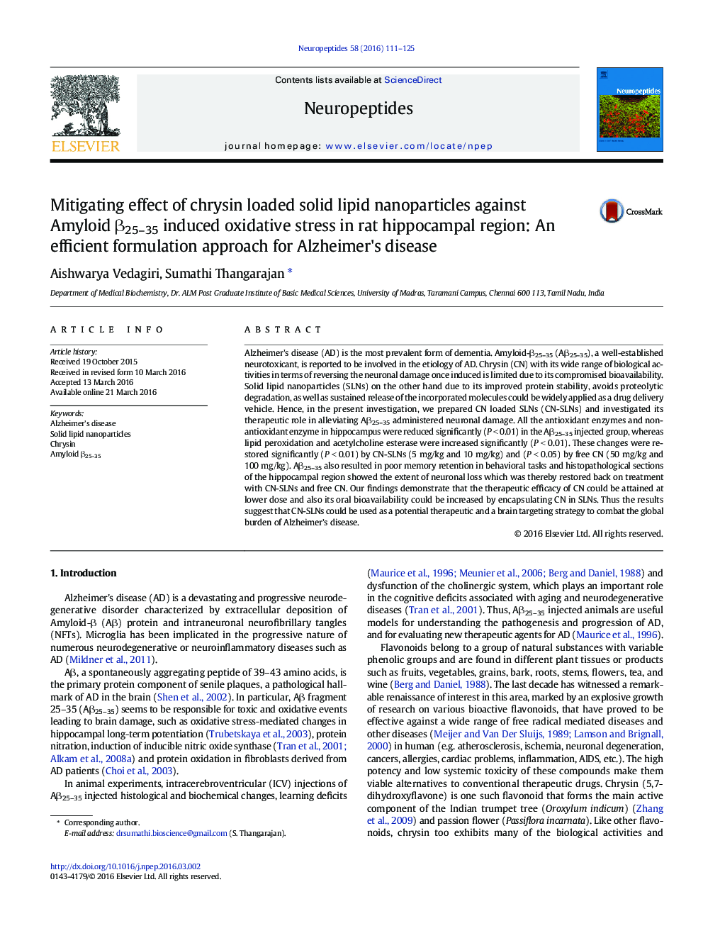 Mitigating effect of chrysin loaded solid lipid nanoparticles against Amyloid Î²25-35 induced oxidative stress in rat hippocampal region: An efficient formulation approach for Alzheimer's disease