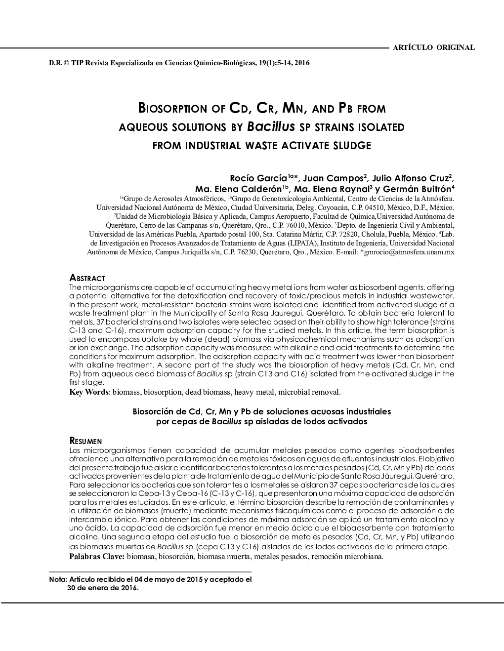 BIOSORPTION OF CD, CR, MN, AND PB FROM AQUEOUS SOLUTIONS BY Bacillus SP STRAINS ISOLATED FROM INDUSTRIAL WASTE ACTIVATE SLUDGE