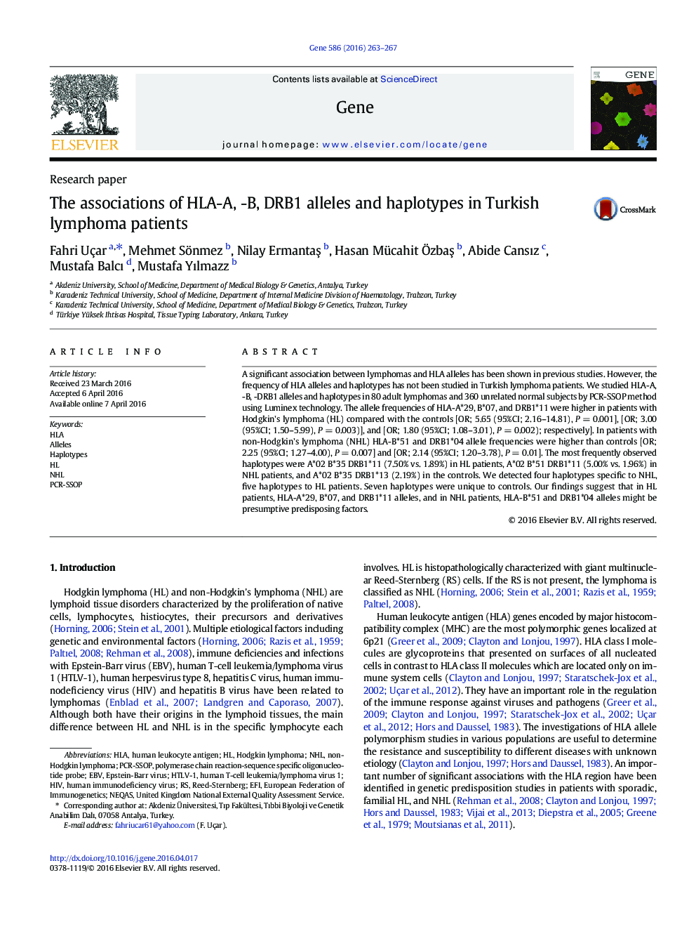 The associations of HLA-A, -B, DRB1 alleles and haplotypes in Turkish lymphoma patients