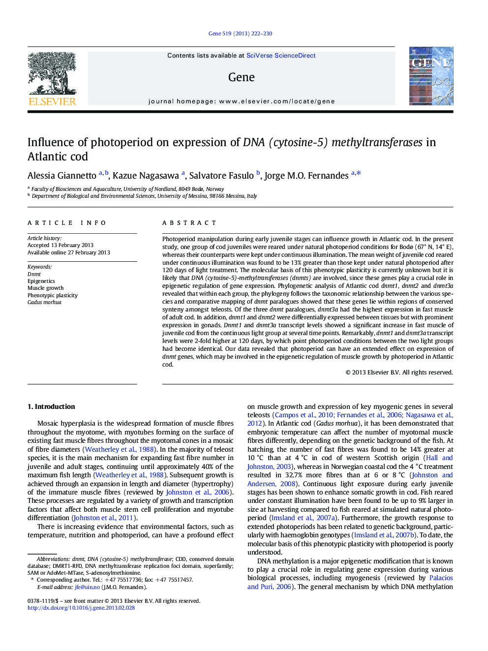 Influence of photoperiod on expression of DNA (cytosine-5) methyltransferases in Atlantic cod
