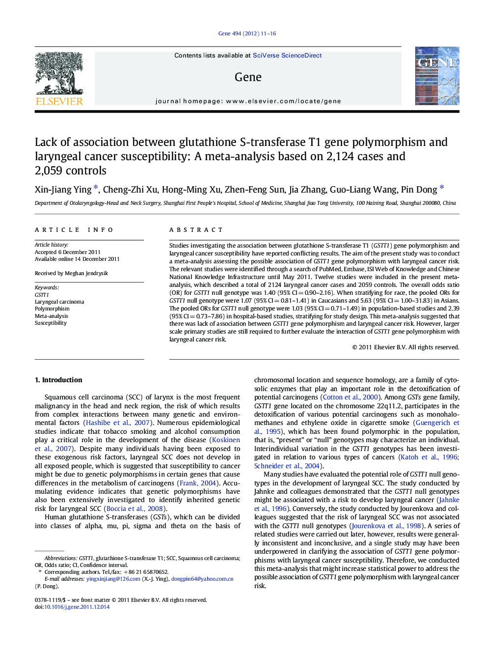 Lack of association between glutathione S-transferase T1 gene polymorphism and laryngeal cancer susceptibility: A meta-analysis based on 2,124 cases and 2,059 controls