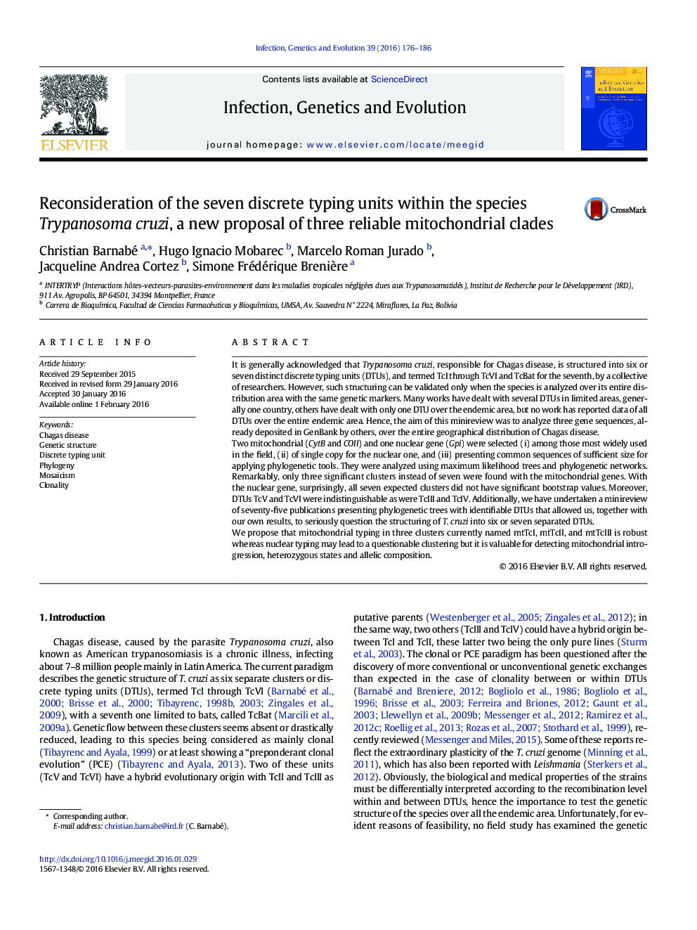 Reconsideration of the seven discrete typing units within the species Trypanosoma cruzi, a new proposal of three reliable mitochondrial clades