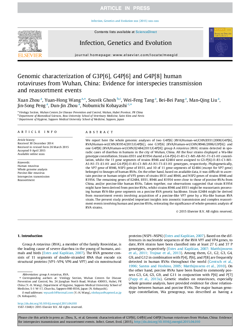 Genomic characterization of G3P[6], G4P[6] and G4P[8] human rotaviruses from Wuhan, China: Evidence for interspecies transmission and reassortment events