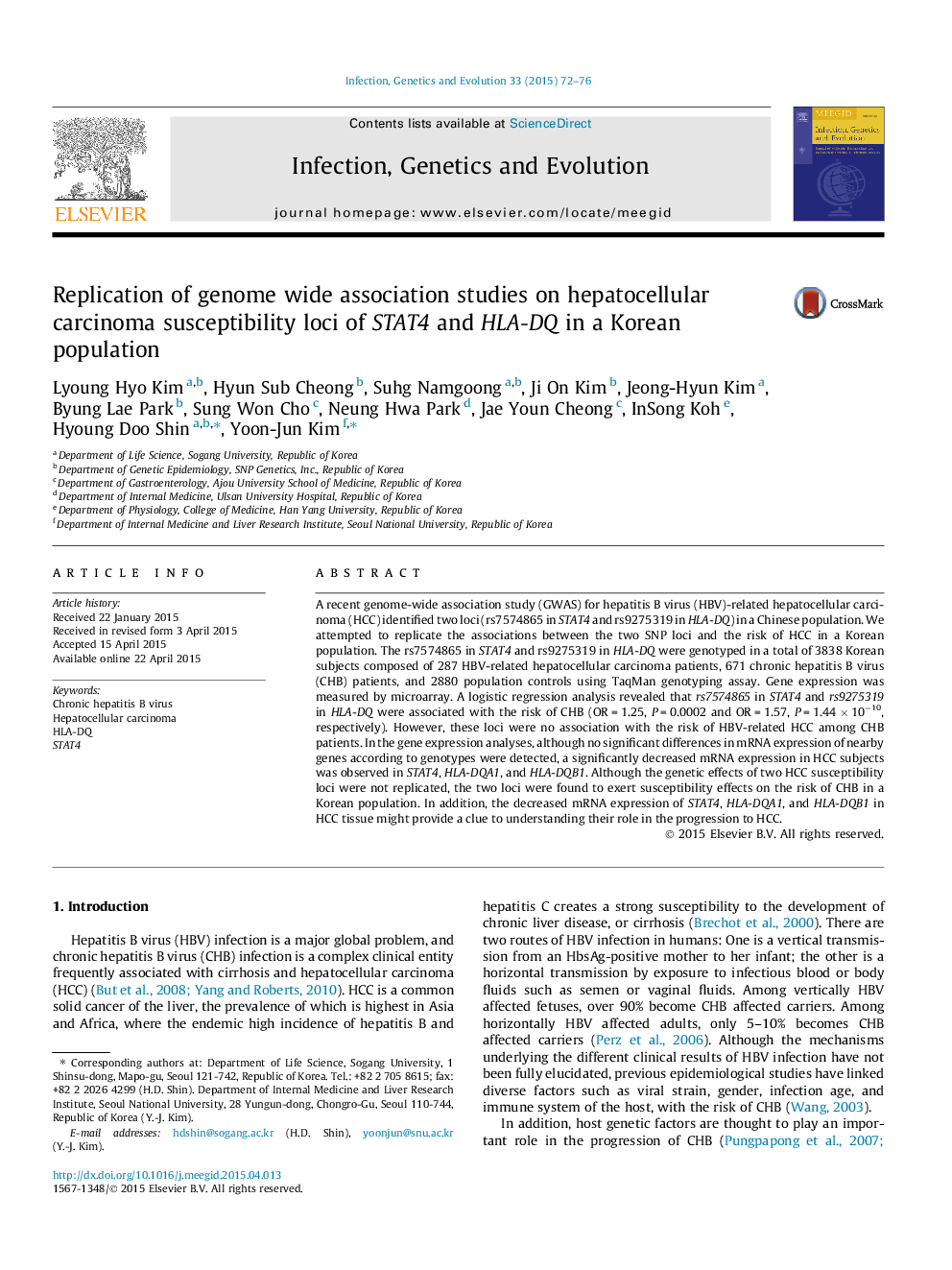 Replication of genome wide association studies on hepatocellular carcinoma susceptibility loci of STAT4 and HLA-DQ in a Korean population