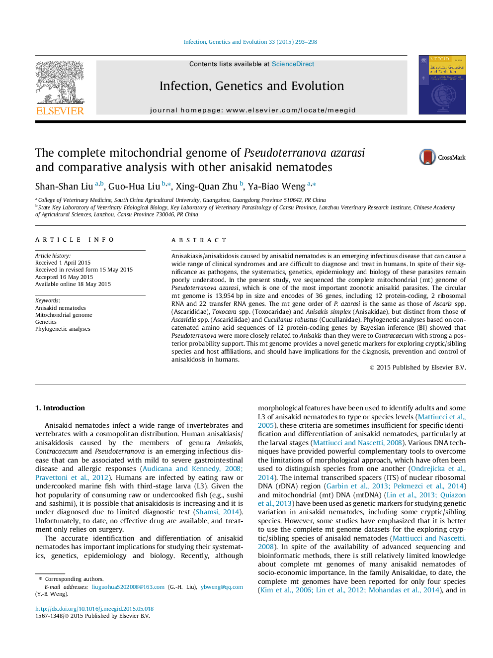 The complete mitochondrial genome of Pseudoterranova azarasi and comparative analysis with other anisakid nematodes