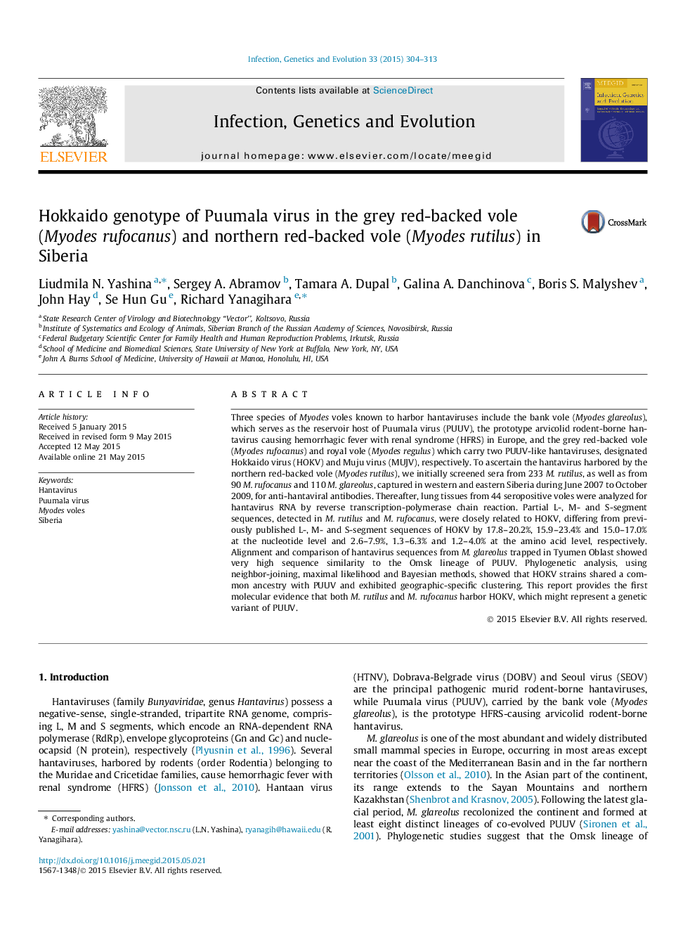 Hokkaido genotype of Puumala virus in the grey red-backed vole (Myodes rufocanus) and northern red-backed vole (Myodes rutilus) in Siberia