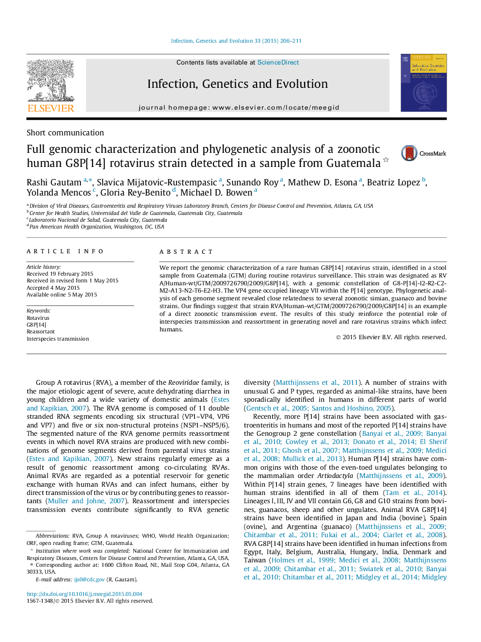 Full genomic characterization and phylogenetic analysis of a zoonotic human G8P[14] rotavirus strain detected in a sample from Guatemala