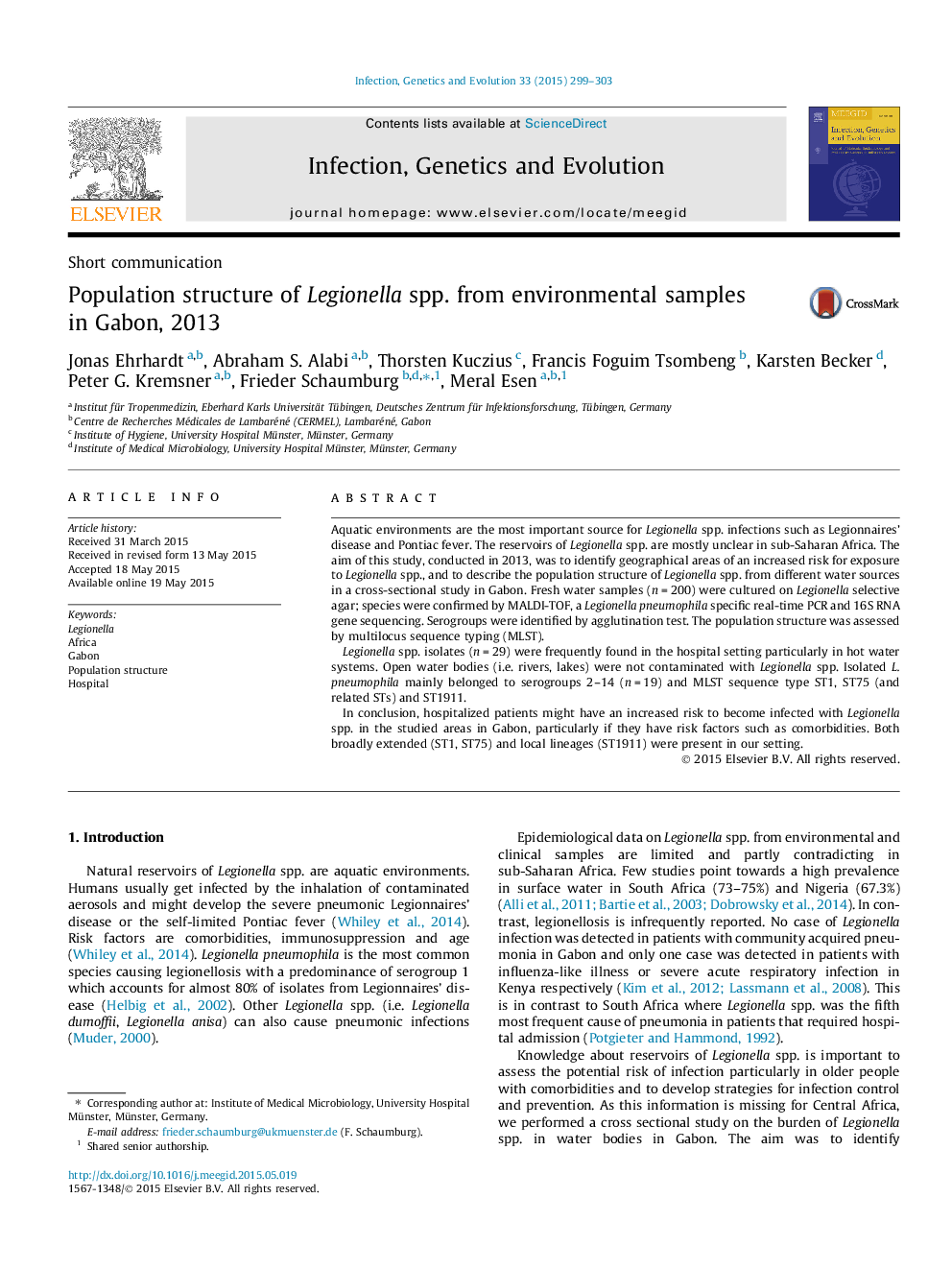 Short communicationPopulation structure of Legionella spp. from environmental samples in Gabon, 2013