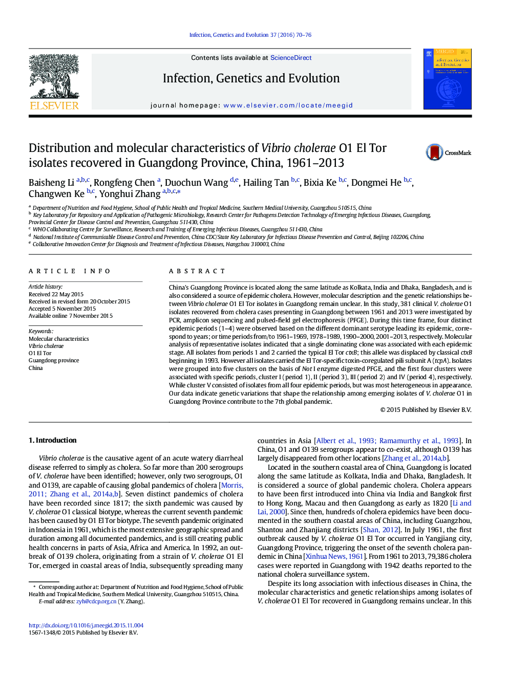 Distribution and molecular characteristics of Vibrio cholerae O1 El Tor isolates recovered in Guangdong Province, China, 1961-2013