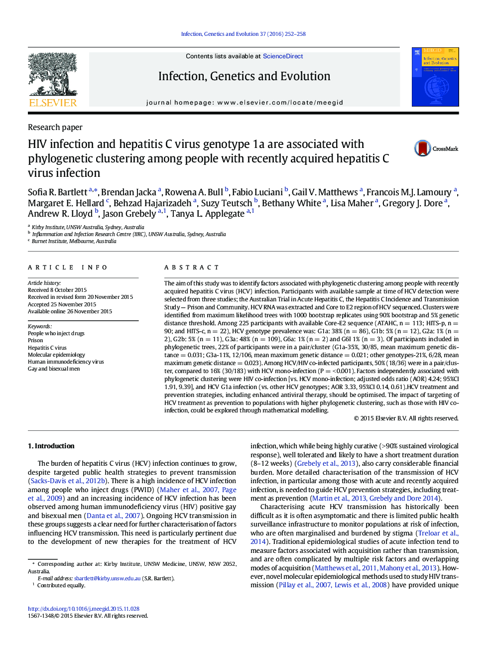 HIV infection and hepatitis C virus genotype 1a are associated with phylogenetic clustering among people with recently acquired hepatitis C virus infection