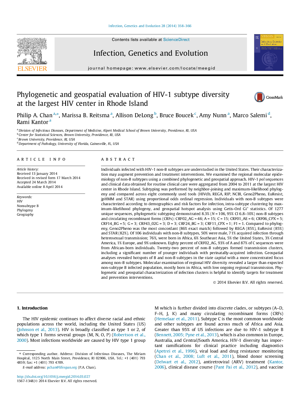 Phylogenetic and geospatial evaluation of HIV-1 subtype diversity at the largest HIV center in Rhode Island