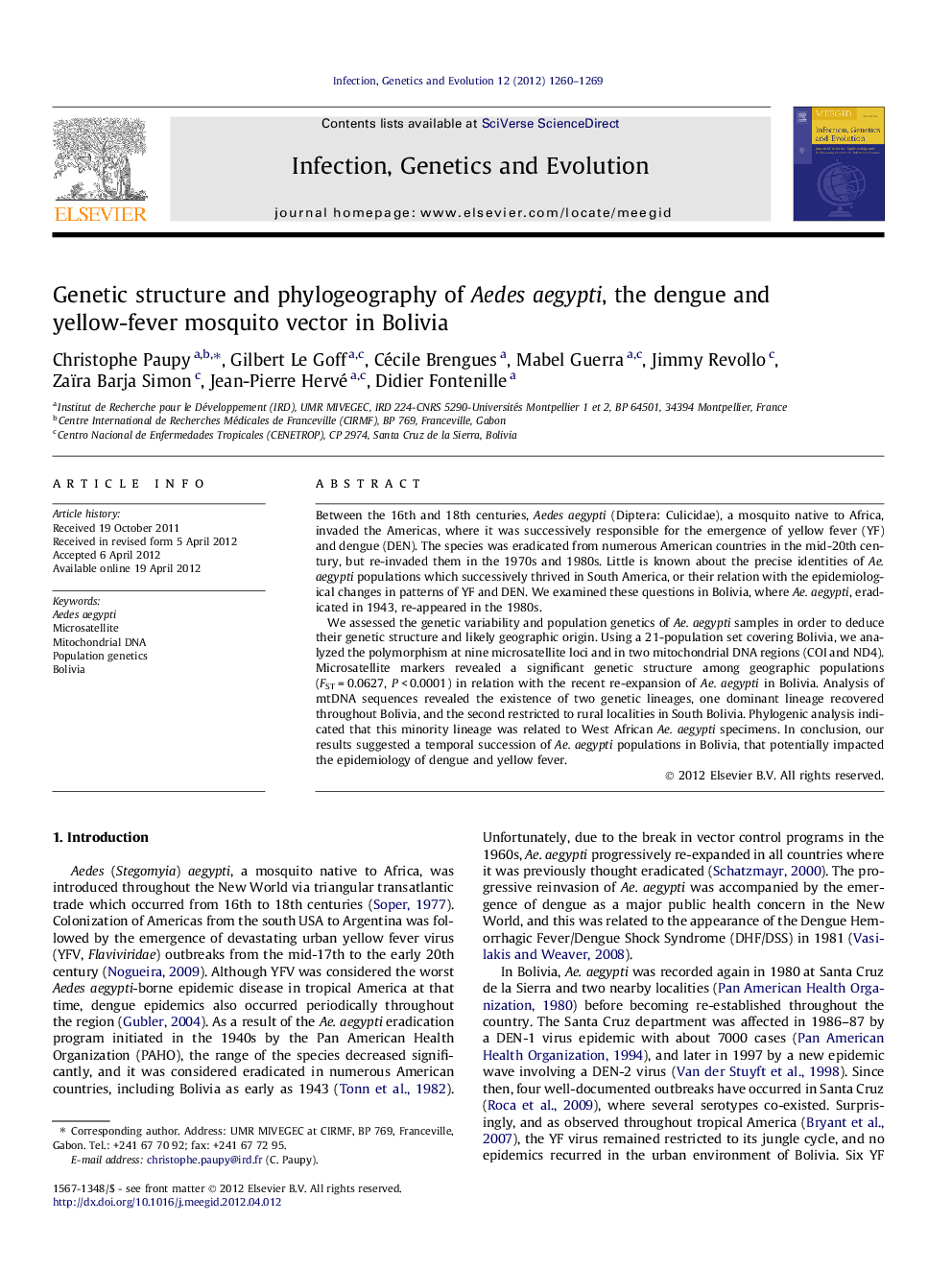 Genetic structure and phylogeography of Aedes aegypti, the dengue and yellow-fever mosquito vector in Bolivia